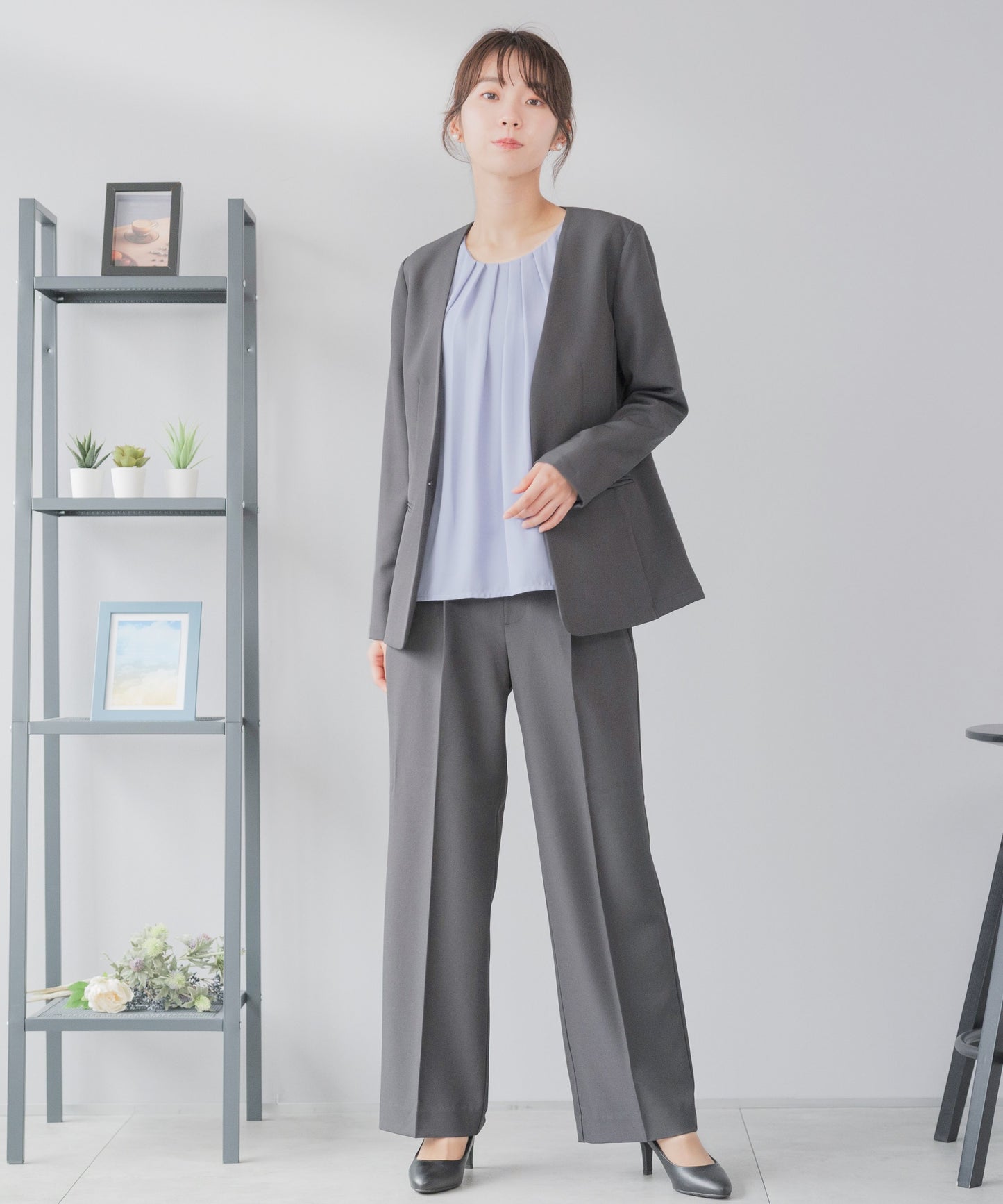 洗える × ストレッチ ノーカラー セミワイドパンツセットアップ