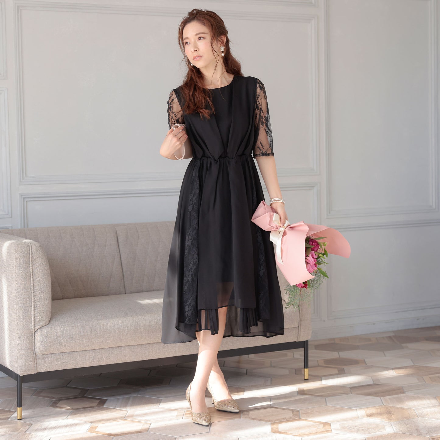 レース プリーツ ワンピースドレス