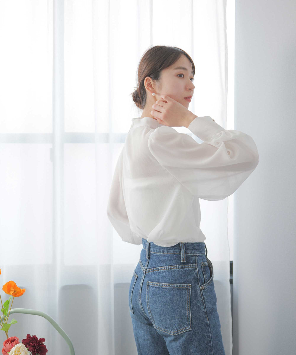 ボリューム袖 バンドカラー 楊柳ブラウス