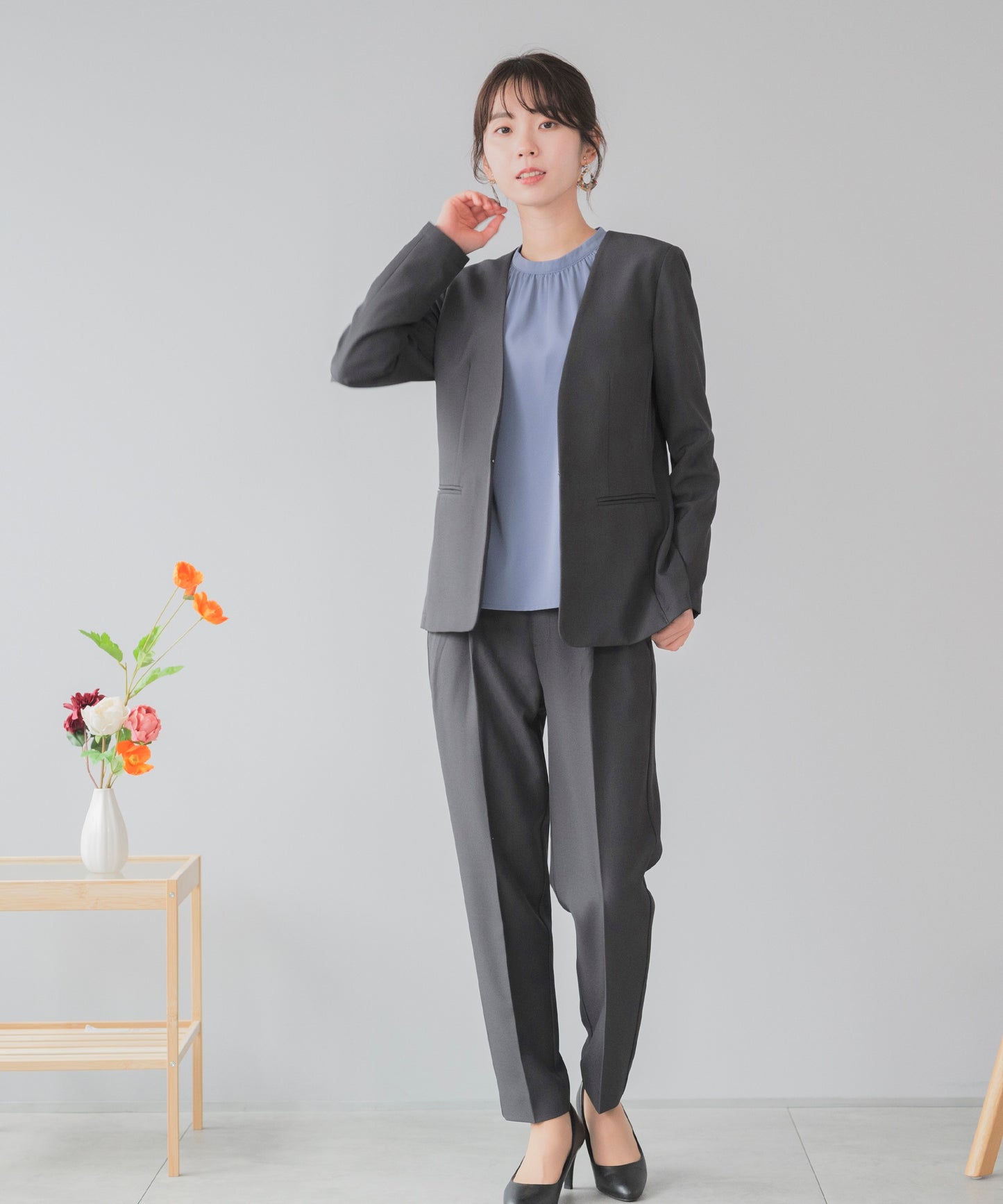 洗える × 防シワ ノーカラー テーパードセットアップ