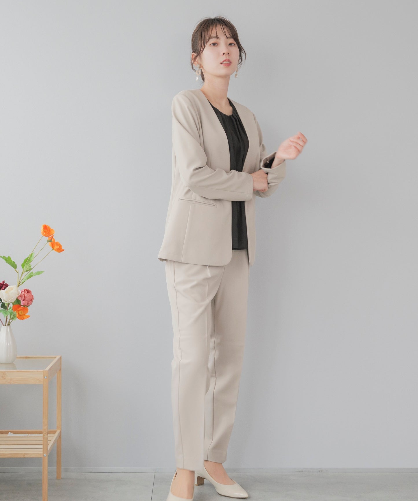 洗える × 防シワ ノーカラー テーパードセットアップ