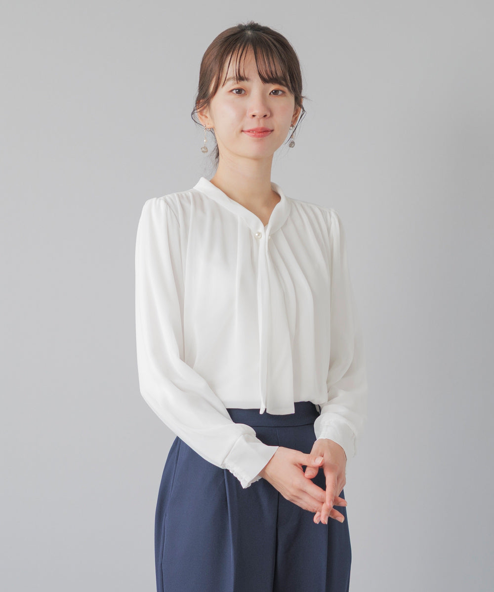 裏起毛 長袖 パールボウタイブラウス