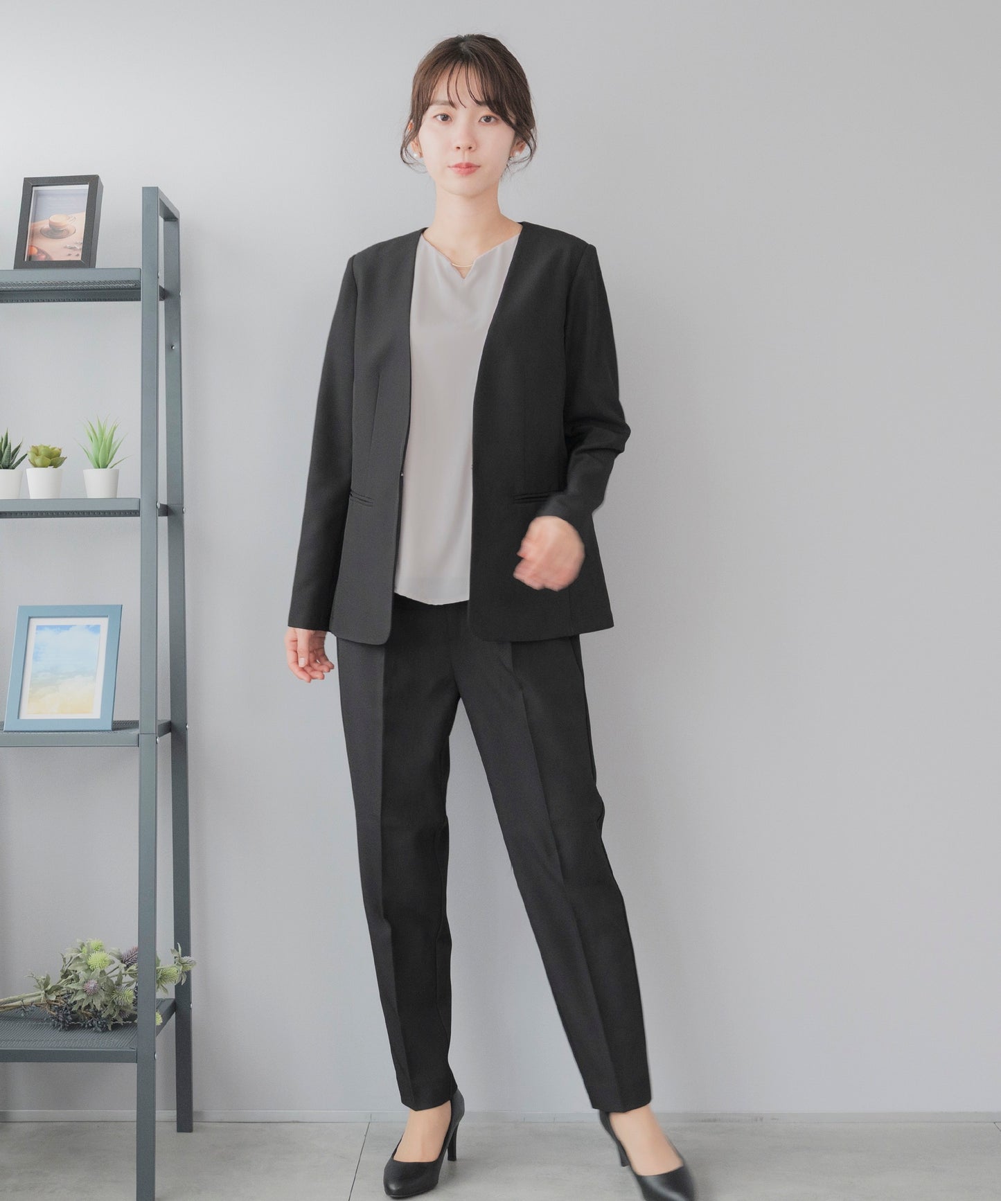 洗える × 防シワ ノーカラー テーパードセットアップ