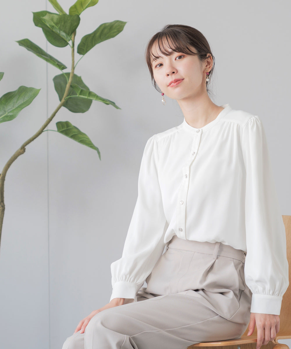 裏起毛 長袖 マットサテン バンドカラーシャツブラウス