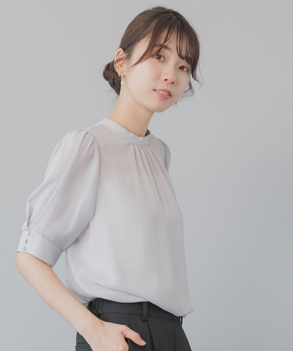 スタンド パフスリーブ シアーブラウス