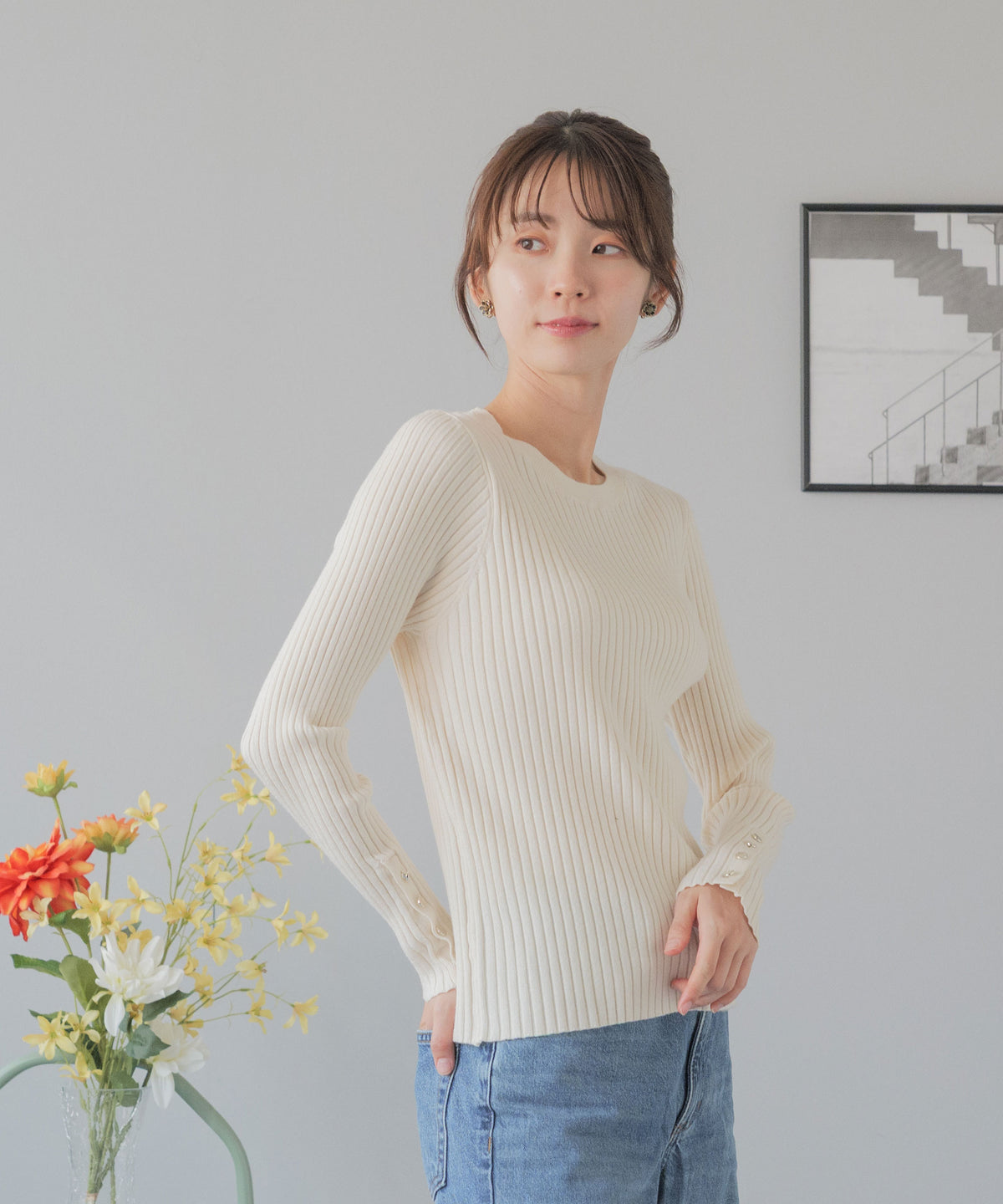 カフスボタン クルーネックニット