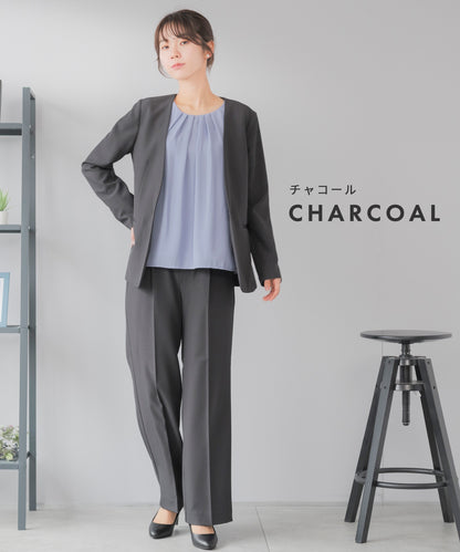 洗える × ストレッチ ノーカラー セミワイドパンツセットアップ