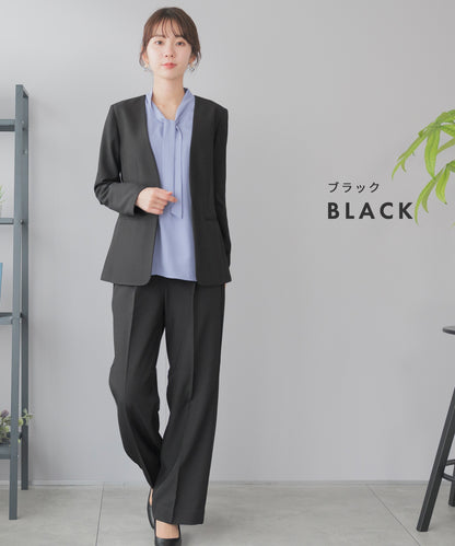洗える × ストレッチ ノーカラー セミワイドパンツセットアップ