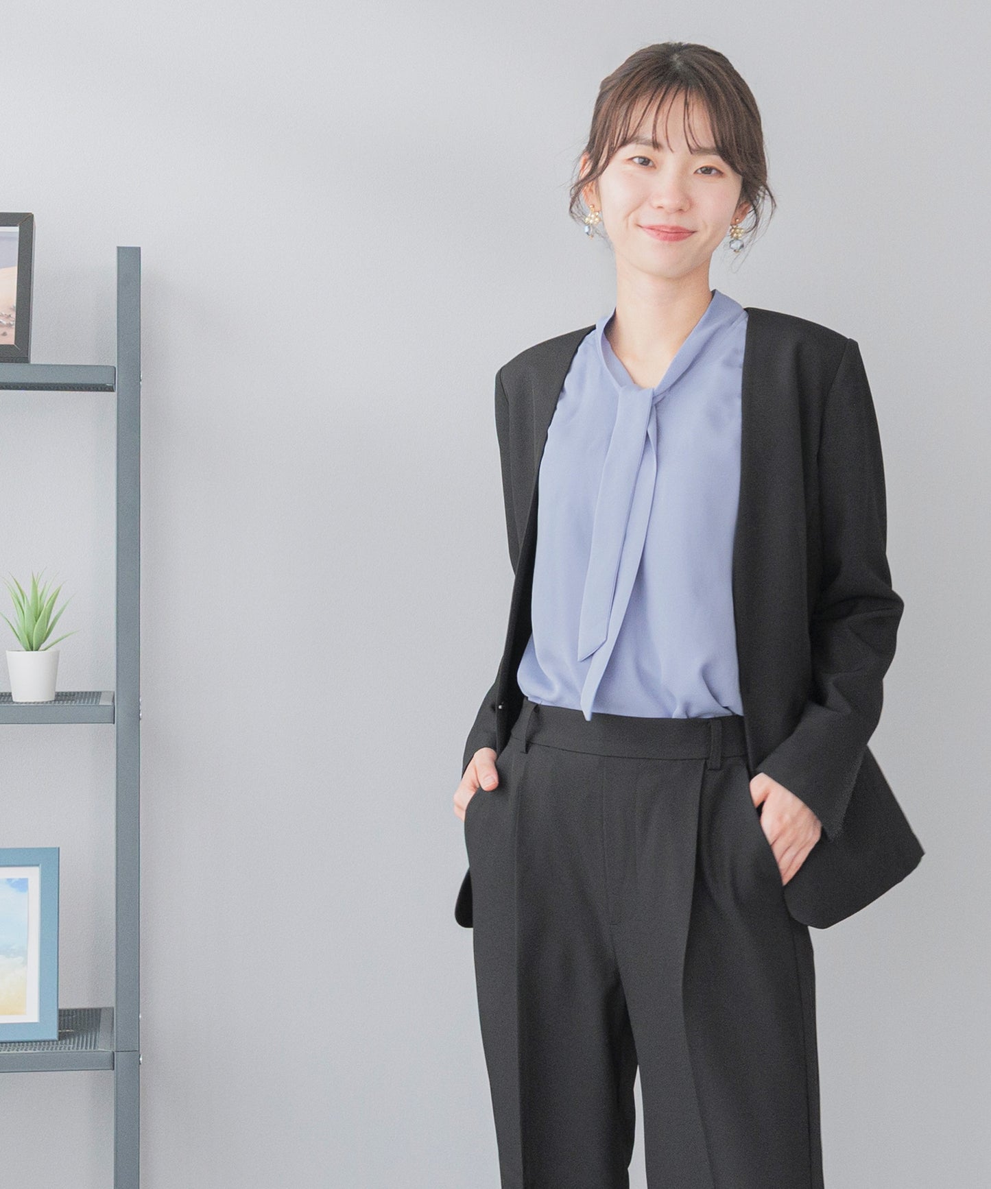 洗える × ストレッチ ノーカラー セミワイドパンツセットアップ