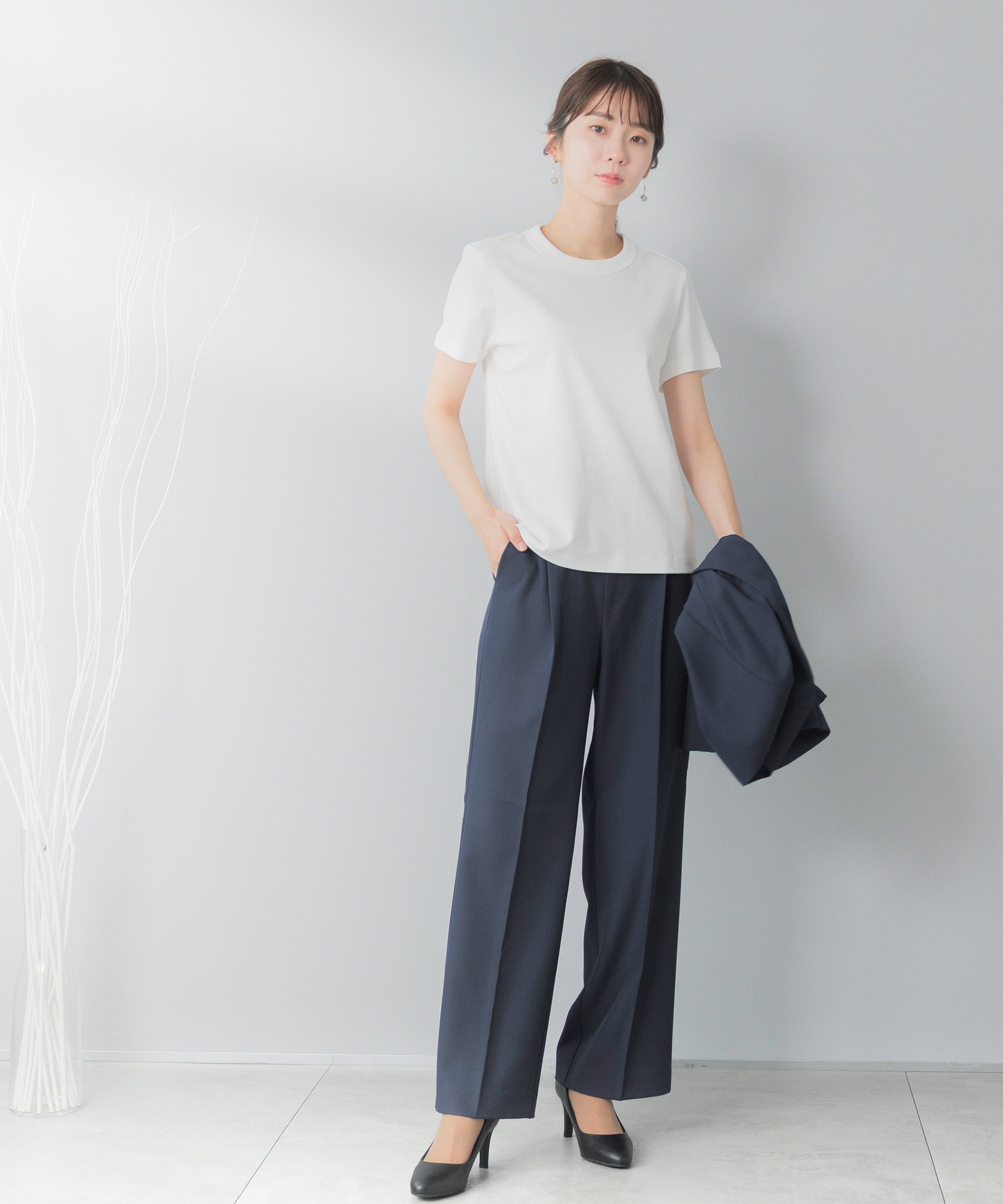 洗える × ストレッチ ノーカラー セミワイドパンツセットアップ – AWC
