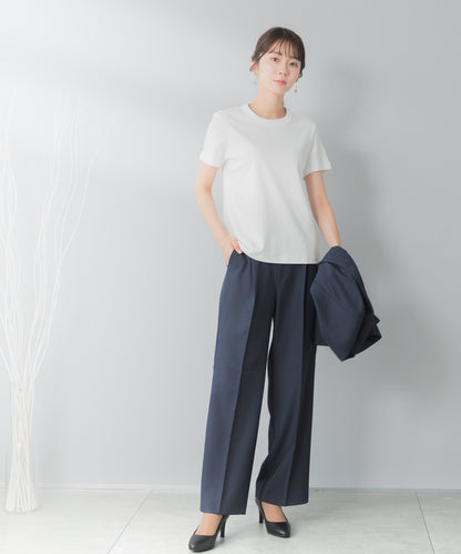 洗える × ストレッチ ノーカラー セミワイドパンツセットアップ