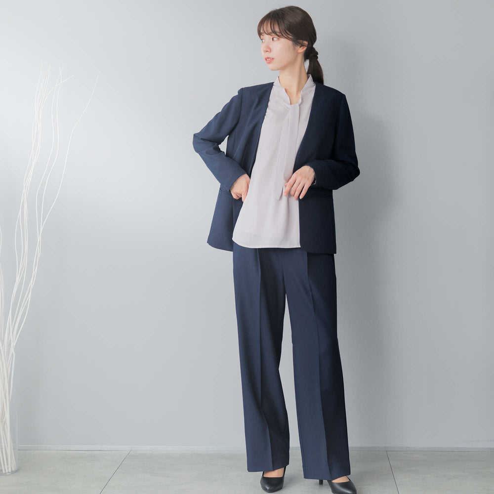 洗える × ストレッチ ノーカラー セミワイドパンツセットアップ