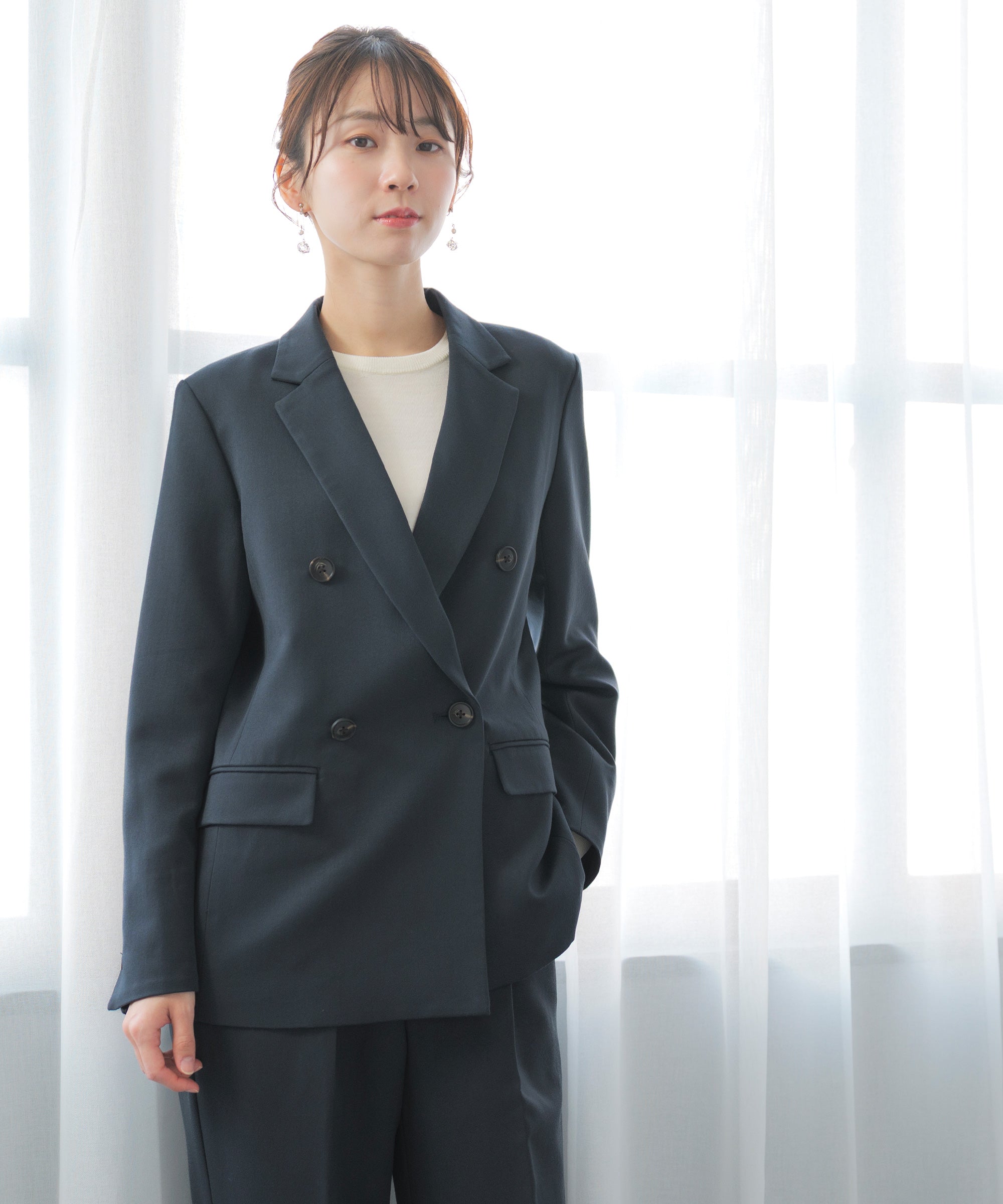 WAACセットアップ festinalente]洗える ×ストレッチ ウール調 ダブルテーラード