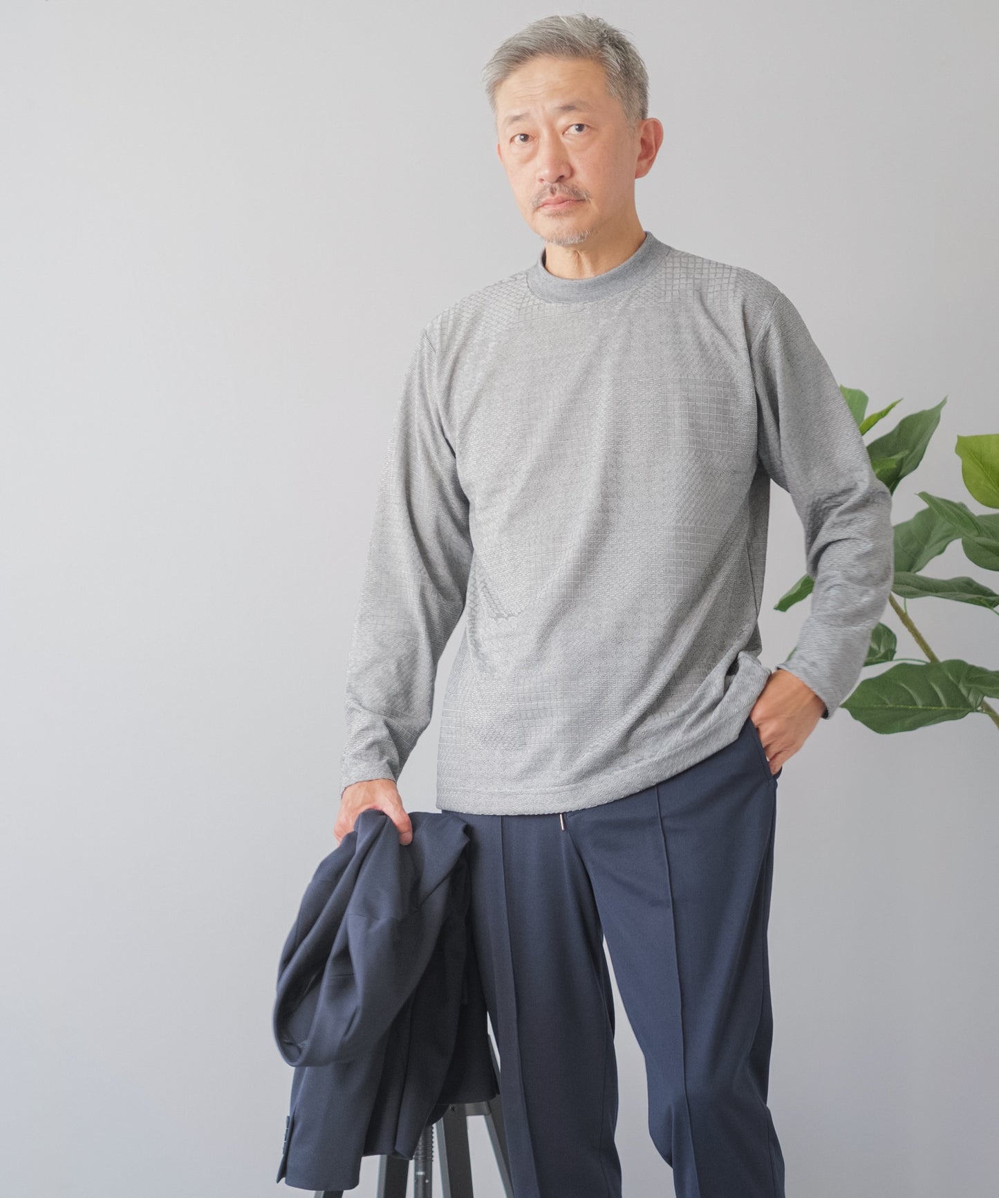 [ELLE PLANETE] モックネック ジャガードTシャツ - 長袖