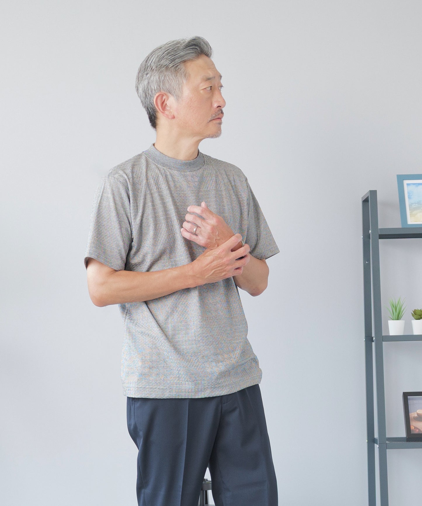 [ELLE PLANETE] モックネック ジャガードTシャツ - 半袖