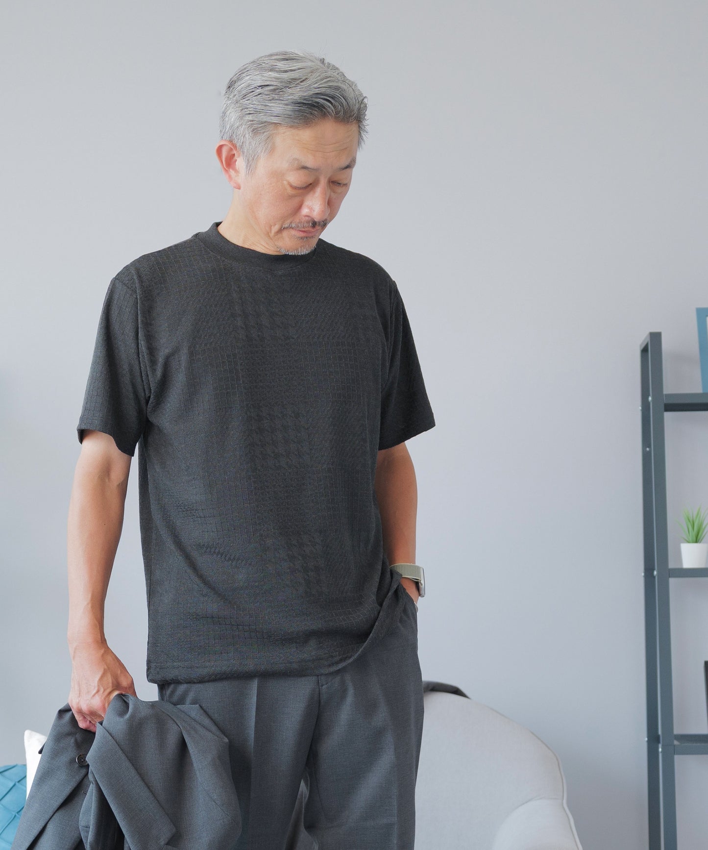 [ELLE PLANETE] モックネック ジャガードTシャツ - 半袖