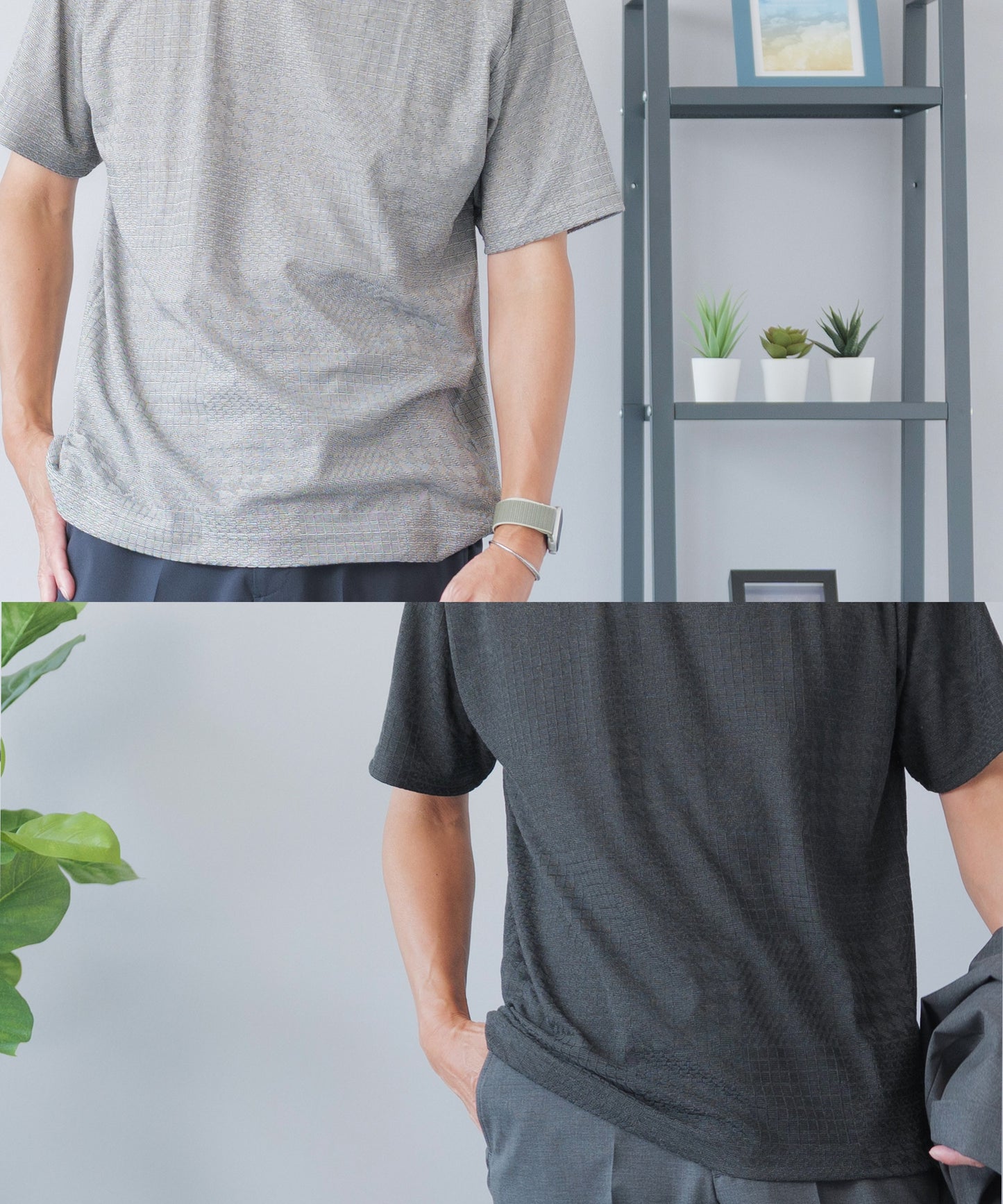 [ELLE PLANETE] モックネック ジャガードTシャツ - 半袖