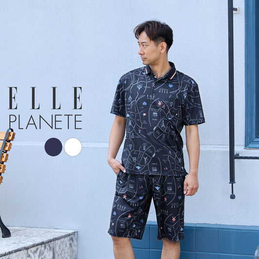 [ELLE PLANETE] 総柄プリント ラインリブ ポロシャツ