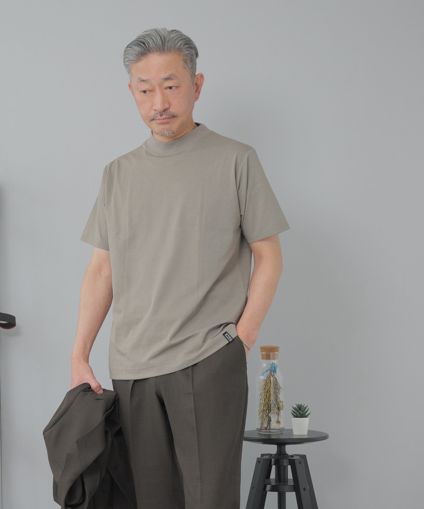 [AWC] ジャケット専用 メランジ調 モックネックドレスTシャツ