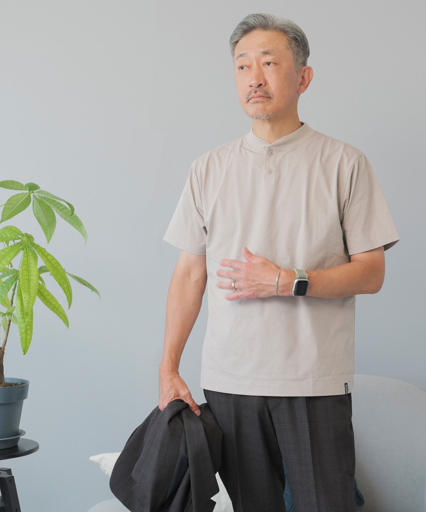 [AWC] ジャケット専用 メランジ調 ヘンリーネックドレスTシャツ