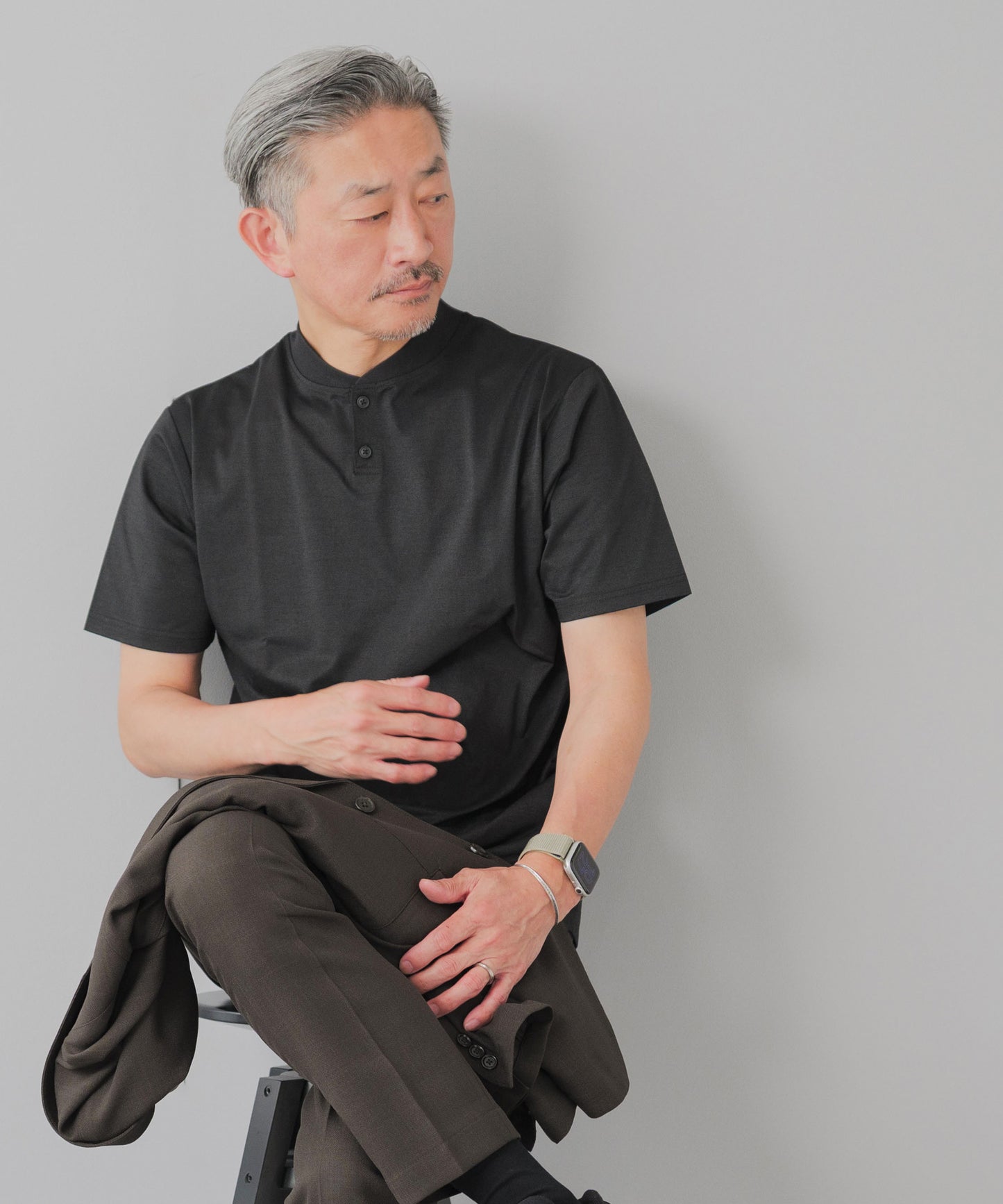 [AWC] ジャケット専用 メランジ調 ヘンリーネックドレスTシャツ