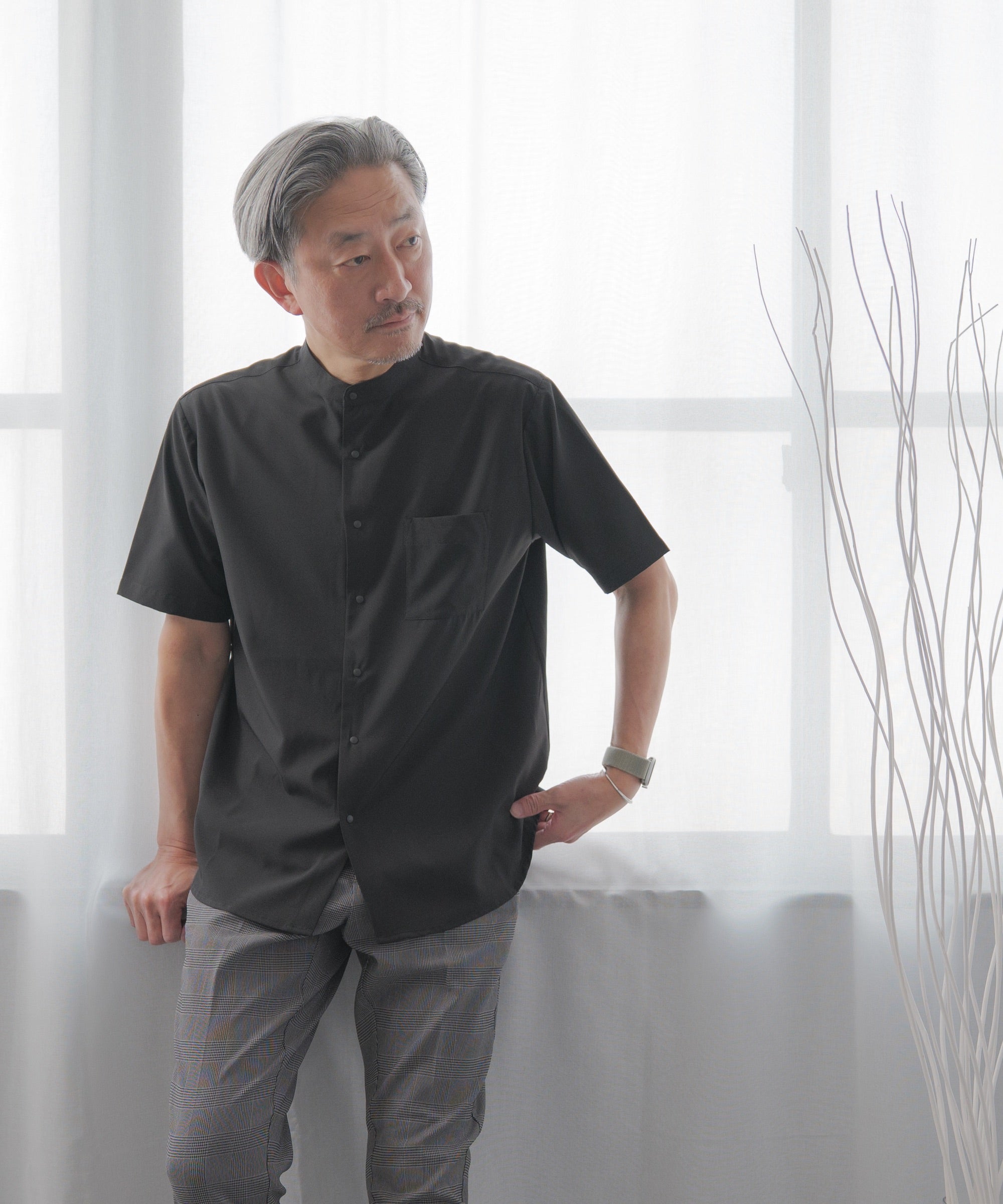 AWC] スナップボタン 半袖バンドカラーシャツ - AWC | active