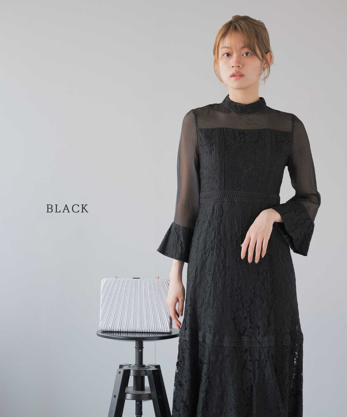 ミモレ丈 総柄パネルレースデザインドレス
