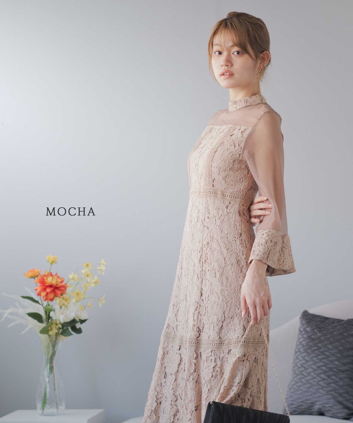 ミモレ丈 総柄パネルレースデザインドレス