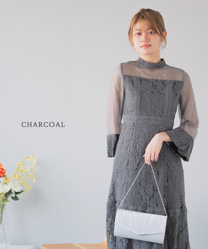 ミモレ丈 総柄パネルレースデザインドレス