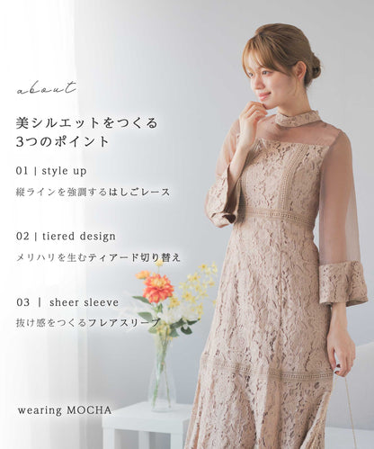 ミモレ丈 総柄パネルレースデザインドレス