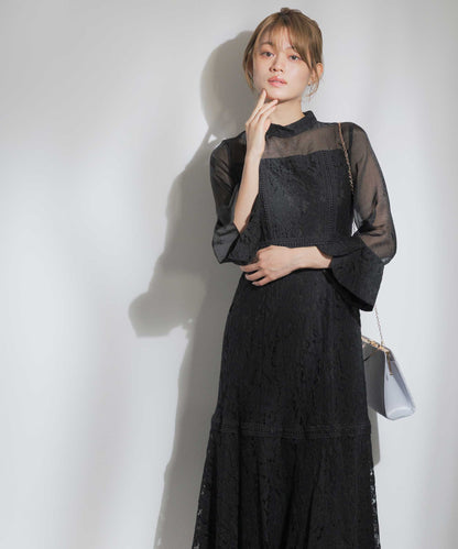 ミモレ丈 総柄パネルレースデザインドレス