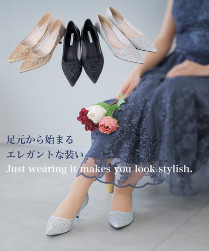 グリッターパンプス ビジューパンプス おしゃれな幾何学柄デザイン。