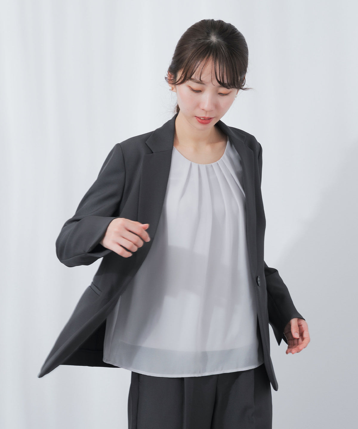 裏起毛 長袖 タックブラウス