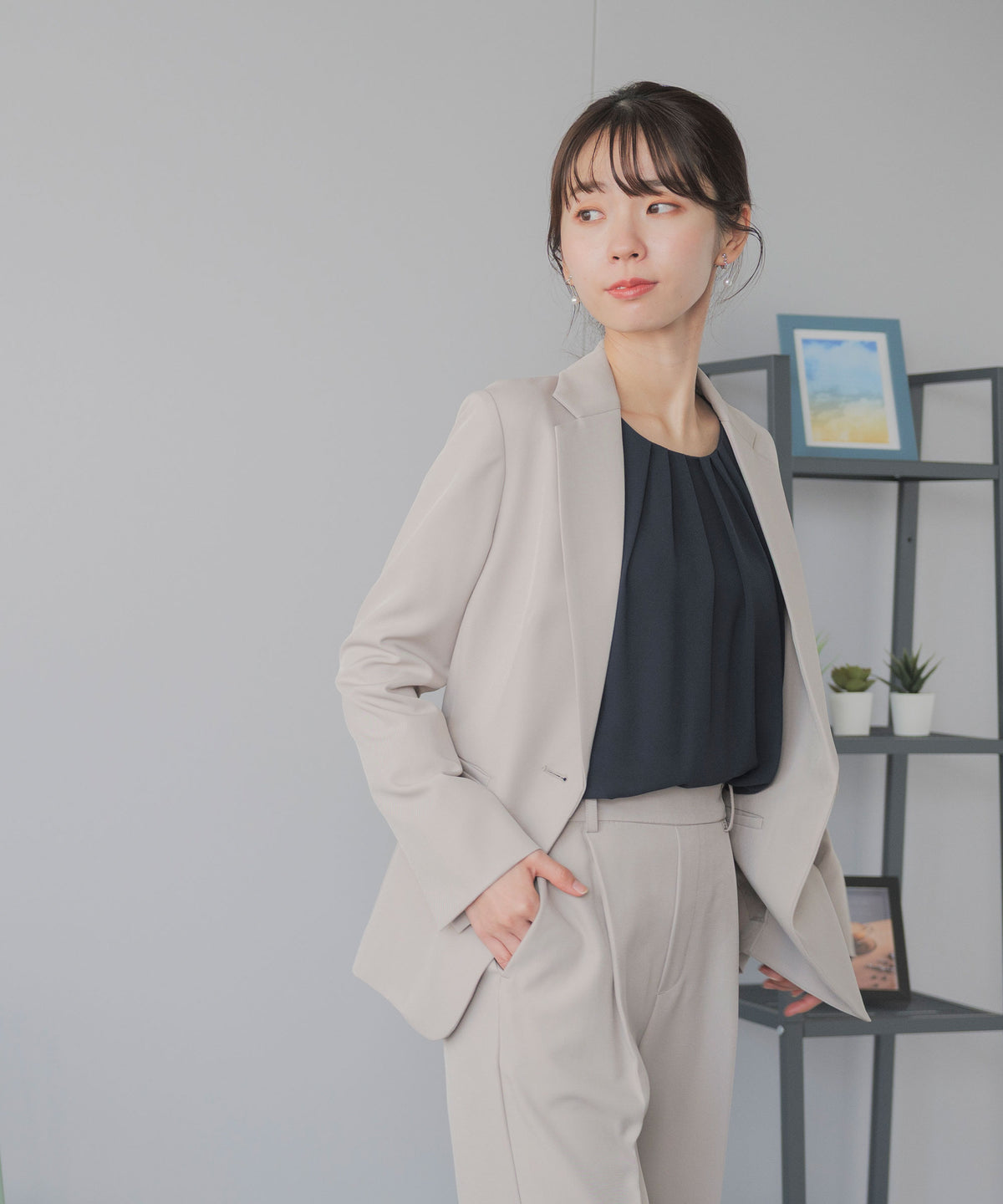 裏起毛 長袖 タックブラウス