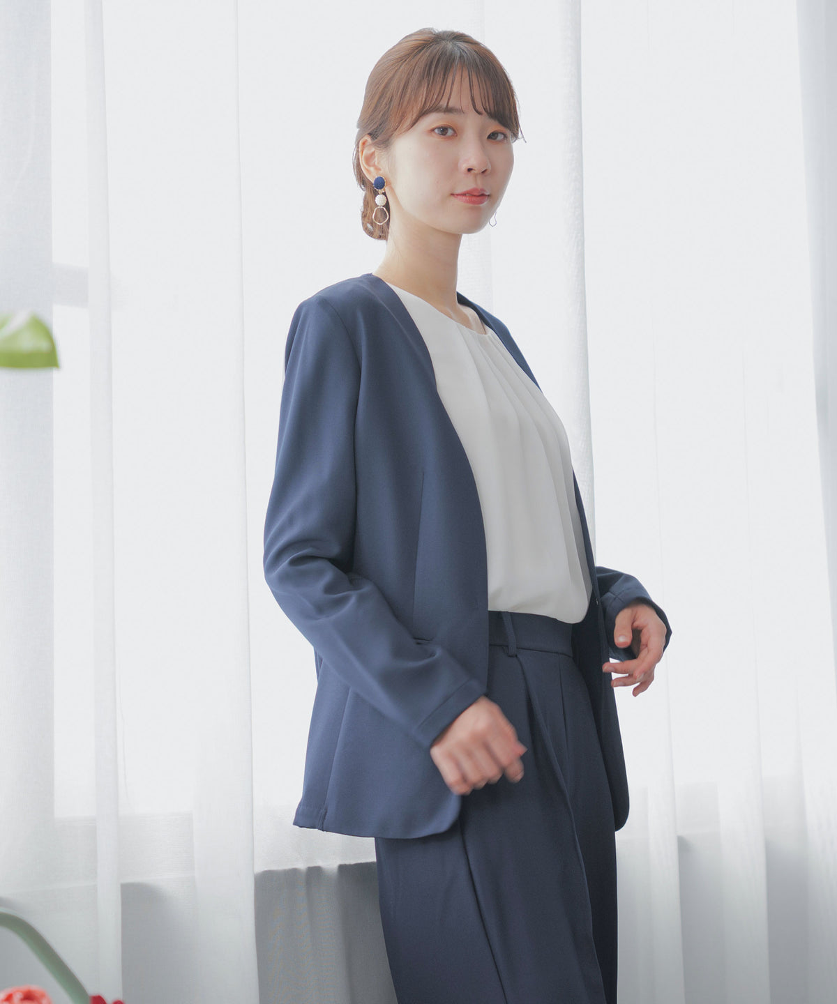 裏起毛 長袖 タックブラウス