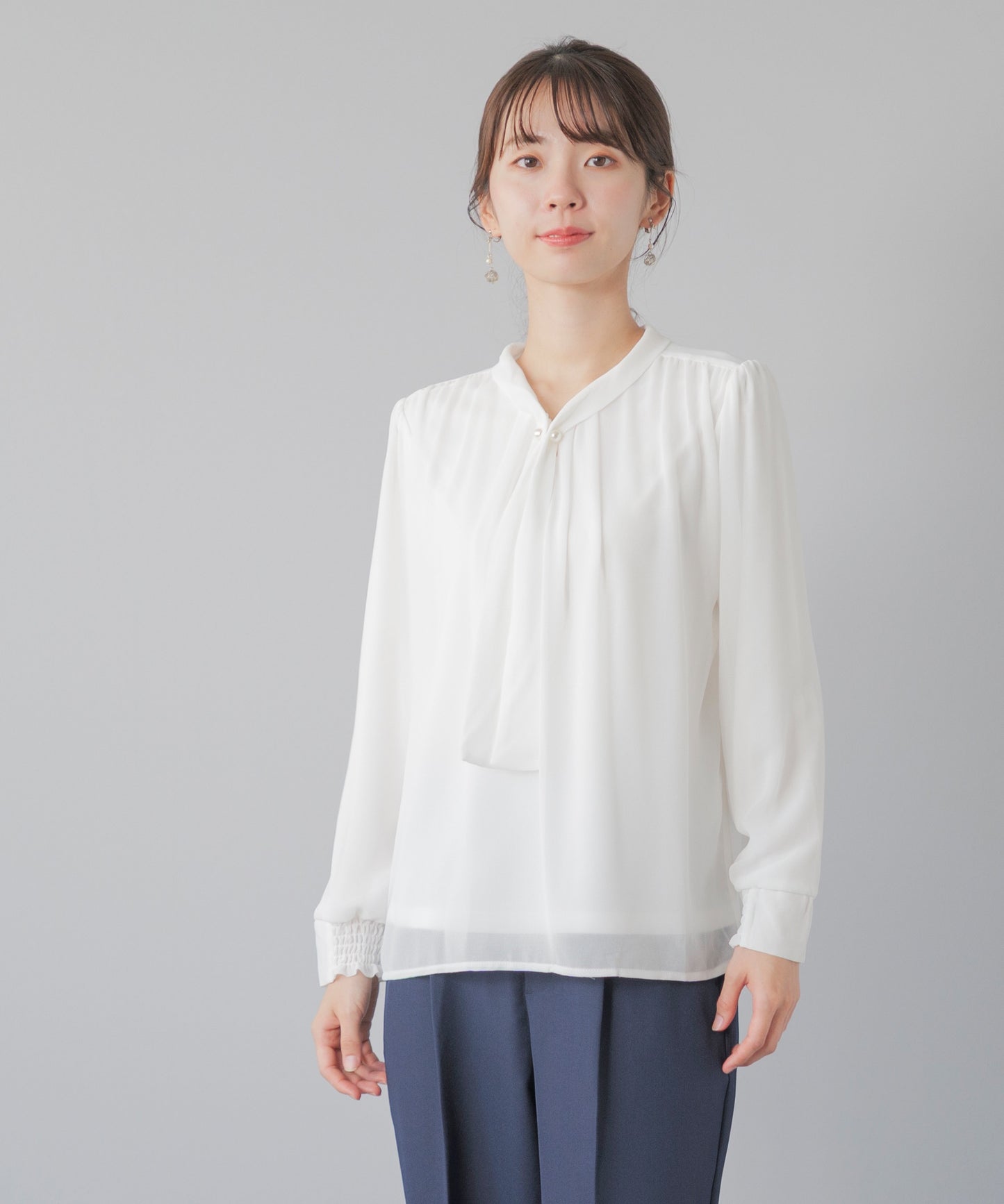 [Festinalente] 裏起毛 長袖 パールボウタイブラウス