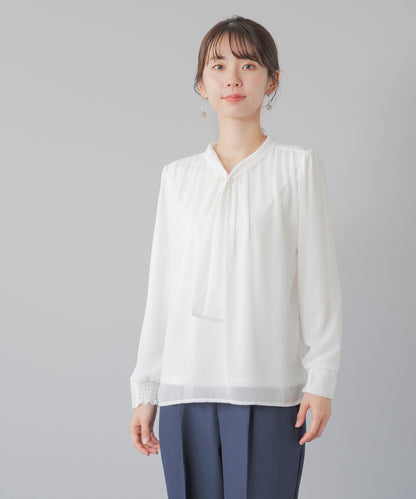 [Festinalente] 裏起毛 長袖 パールボウタイブラウス