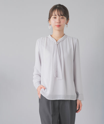 [Festinalente] 裏起毛 長袖 パールボウタイブラウス