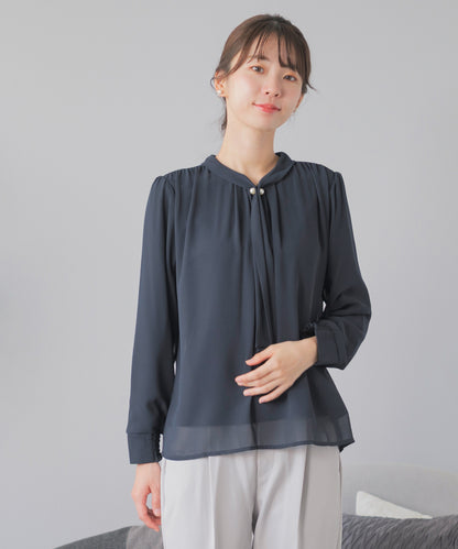 [Festinalente] 裏起毛 長袖 パールボウタイブラウス