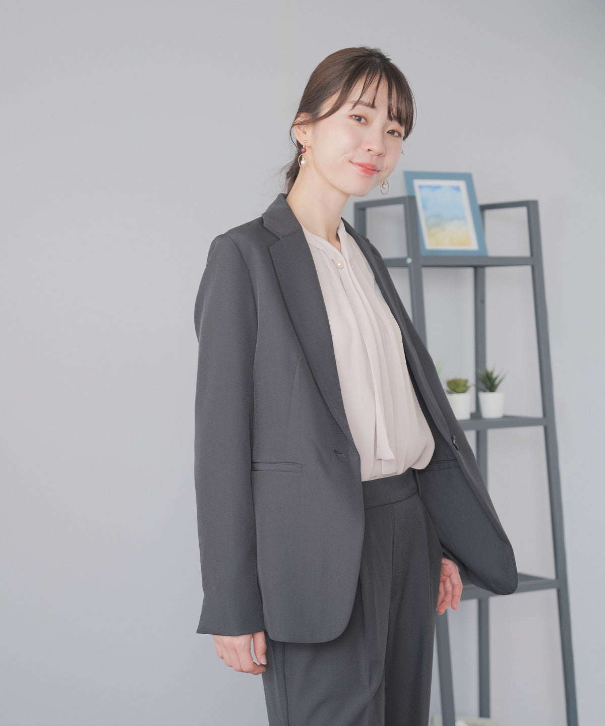 裏起毛 長袖 パールボウタイブラウス