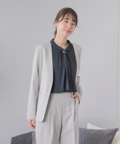 裏起毛 長袖 パールボウタイブラウス