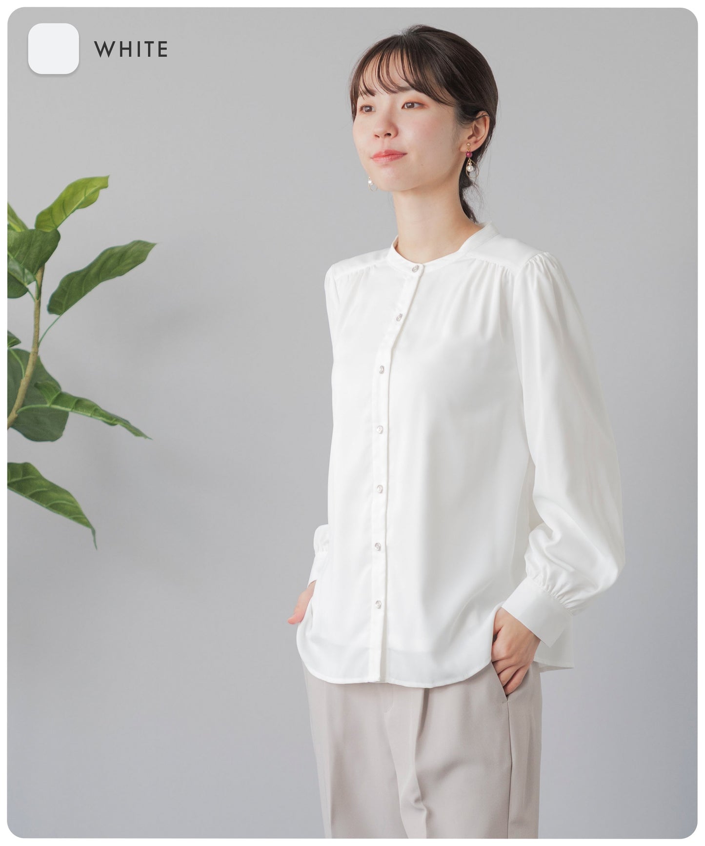 [Festinalente] 裏起毛 長袖 マットサテン バンドカラーシャツブラウス