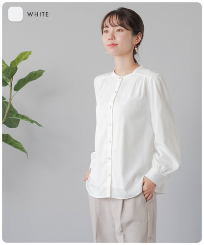 [Festinalente] 裏起毛 長袖 マットサテン バンドカラーシャツブラウス