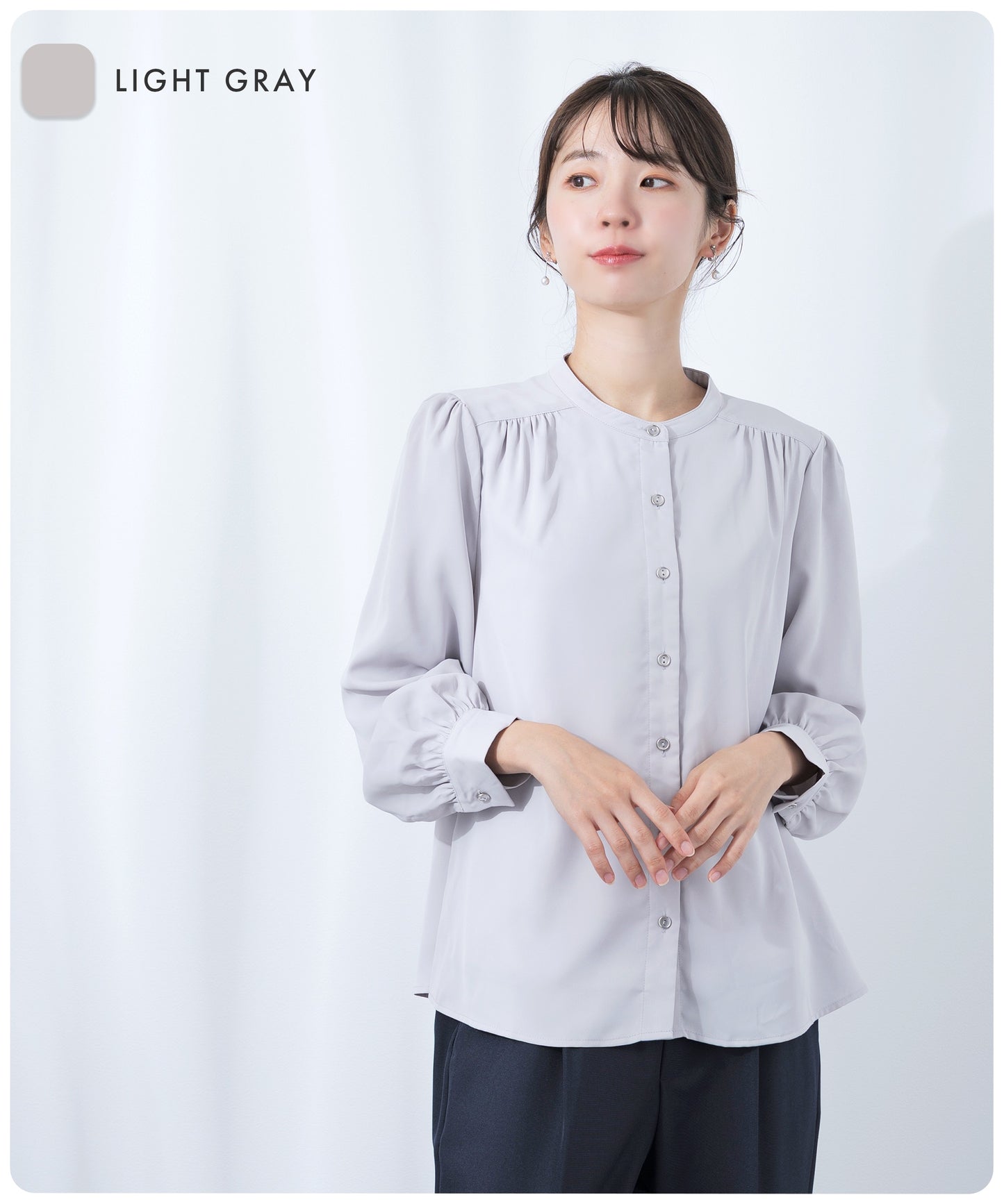 [Festinalente] 裏起毛 長袖 マットサテン バンドカラーシャツブラウス