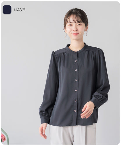 [Festinalente] 裏起毛 長袖 マットサテン バンドカラーシャツブラウス