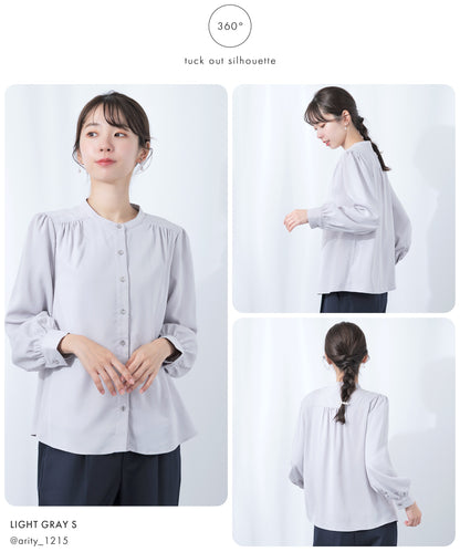 [Festinalente] 裏起毛 長袖 マットサテン バンドカラーシャツブラウス