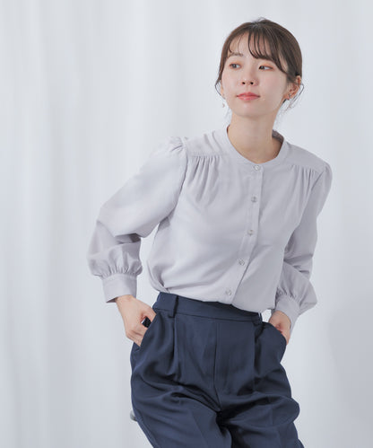 [Festinalente] 裏起毛 長袖 マットサテン バンドカラーシャツブラウス