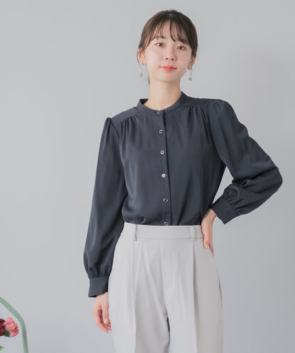 [Festinalente] 裏起毛 長袖 マットサテン バンドカラーシャツブラウス