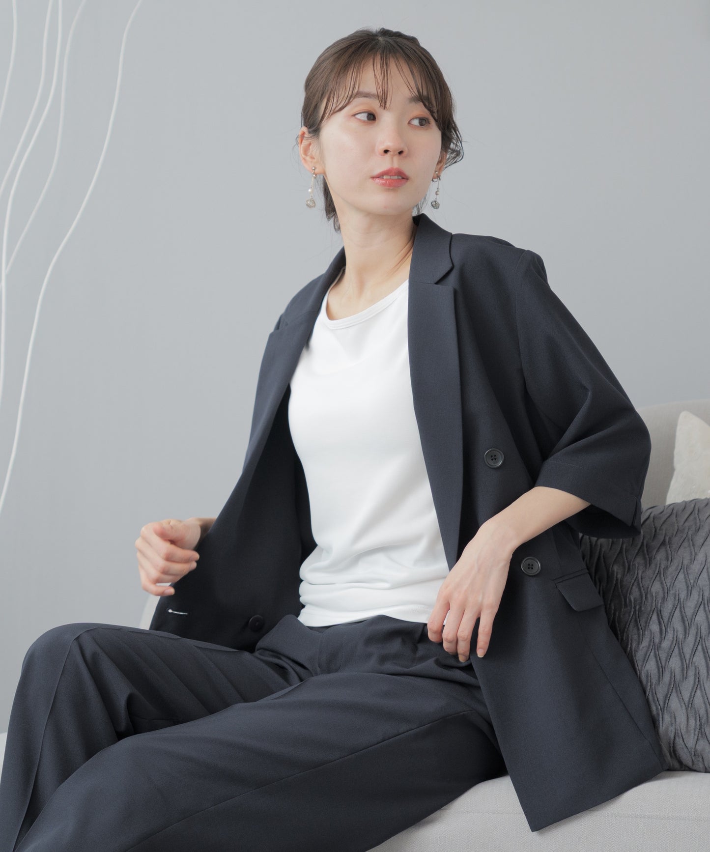 リネンライク 半袖ダブルジャケット セットアップ